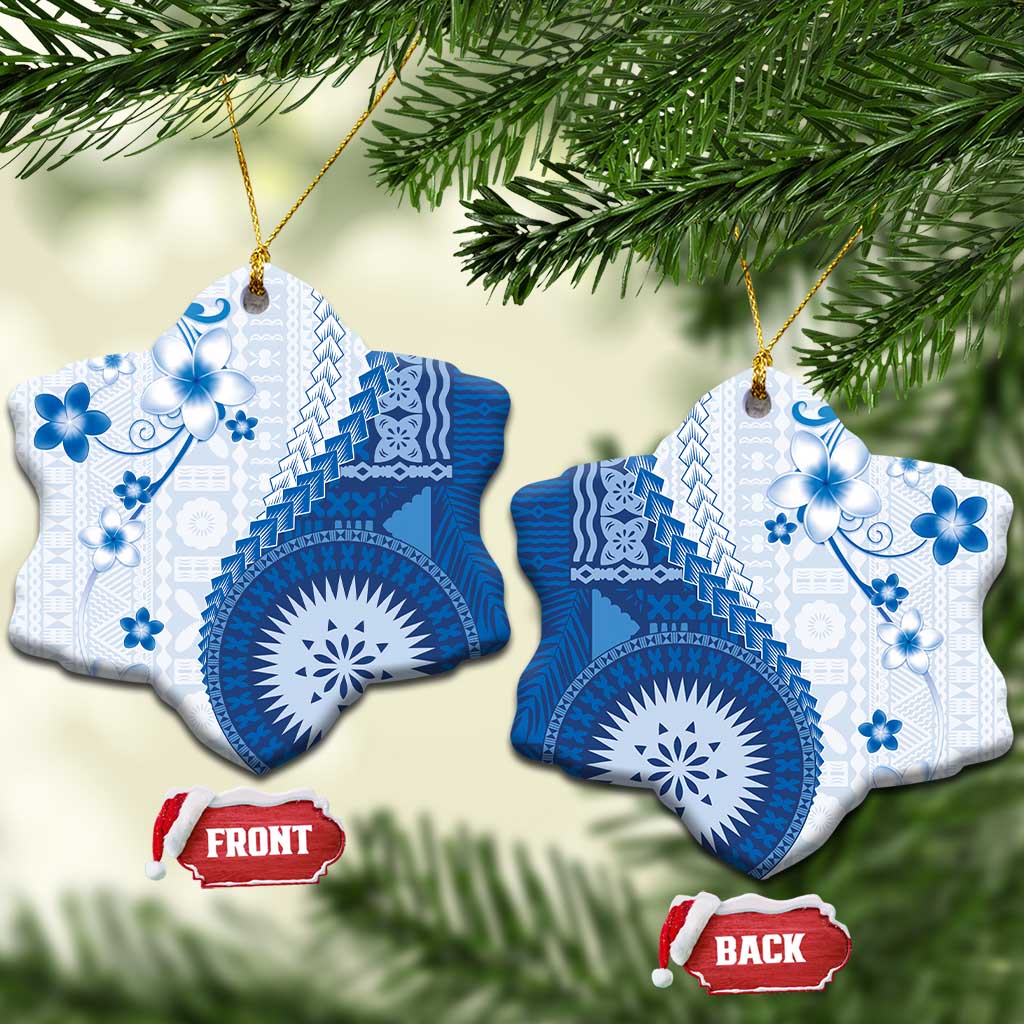 Bula Fiji Ceramic Ornament Blue Plumeria Masi Tapa Pattern - Polynesian Pride