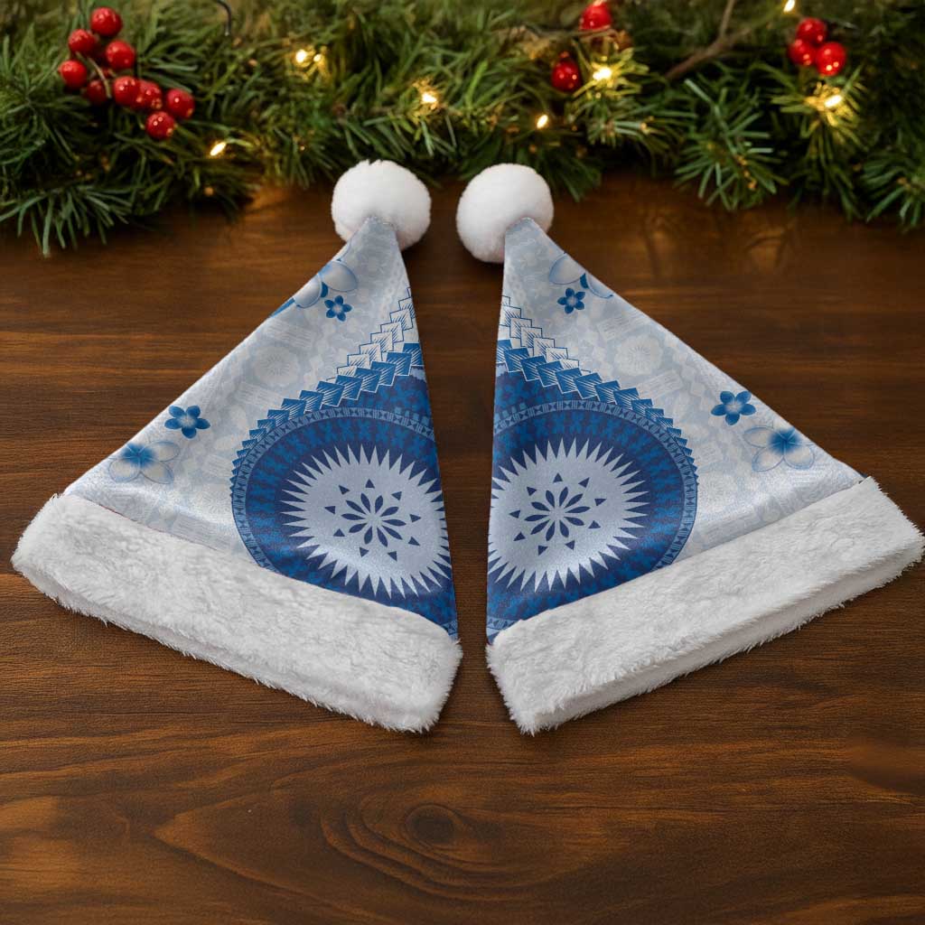 Bula Fiji Christmas Santa Hat Blue Plumeria Masi Tapa Pattern - Polynesian Pride