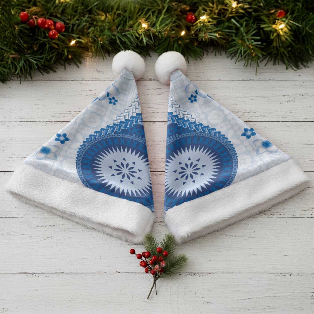 Bula Fiji Christmas Santa Hat Blue Plumeria Masi Tapa Pattern - Polynesian Pride