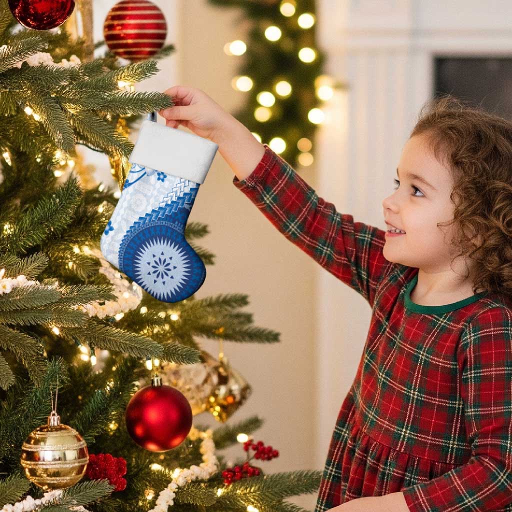 Bula Fiji Christmas Stocking Blue Plumeria Masi Tapa Pattern - Polynesian Pride