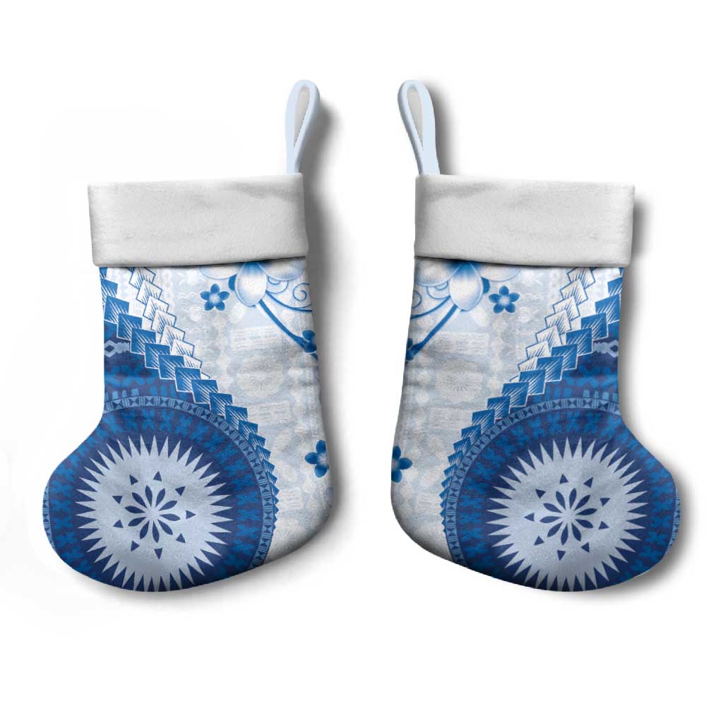 Bula Fiji Christmas Stocking Blue Plumeria Masi Tapa Pattern - Polynesian Pride