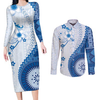 Bula Fiji Couples Matching Long Sleeve Bodycon Dress and Long Sleeve Button Shirt Blue Plumeria Masi Tapa Pattern - Polynesian Pride