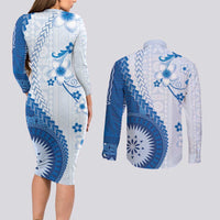 Bula Fiji Couples Matching Long Sleeve Bodycon Dress and Long Sleeve Button Shirt Blue Plumeria Masi Tapa Pattern - Polynesian Pride