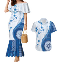 Bula Fiji Couples Matching Mermaid Dress and Hawaiian Shirt Blue Plumeria Masi Tapa Pattern - Polynesian Pride