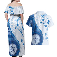 Bula Fiji Couples Matching Off Shoulder Maxi Dress and Hawaiian Shirt Blue Plumeria Masi Tapa Pattern - Polynesian Pride