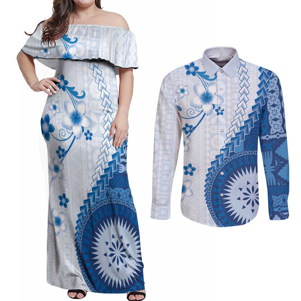 Bula Fiji Couples Matching Off Shoulder Maxi Dress and Long Sleeve Button Shirt Blue Plumeria Masi Tapa Pattern - Polynesian Pride