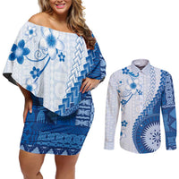 Bula Fiji Couples Matching Off Shoulder Short Dress and Long Sleeve Button Shirt Blue Plumeria Masi Tapa Pattern - Polynesian Pride
