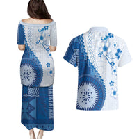 Bula Fiji Couples Matching Puletasi and Hawaiian Shirt Blue Plumeria Masi Tapa Pattern - Polynesian Pride