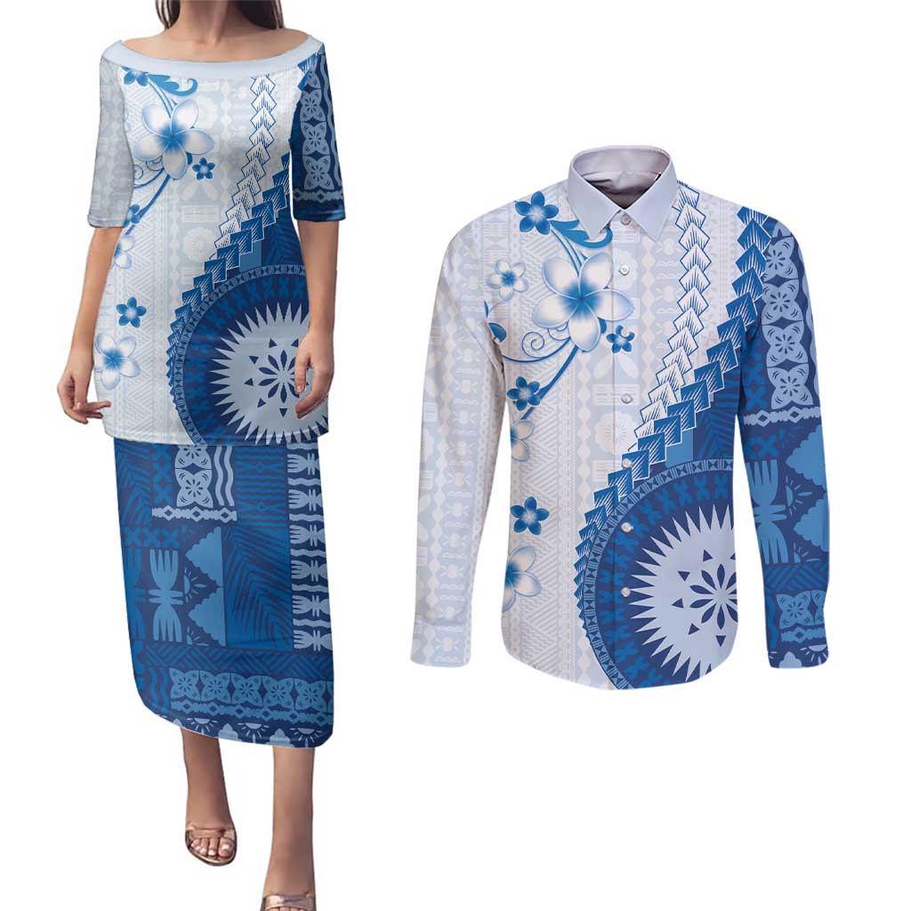Bula Fiji Couples Matching Puletasi and Long Sleeve Button Shirt Blue Plumeria Masi Tapa Pattern - Polynesian Pride