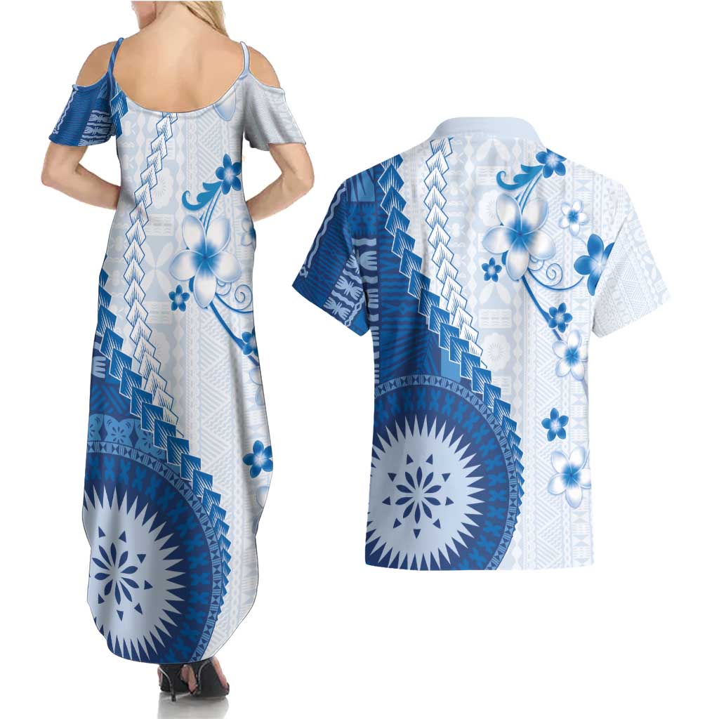 Bula Fiji Couples Matching Summer Maxi Dress and Hawaiian Shirt Blue Plumeria Masi Tapa Pattern - Polynesian Pride