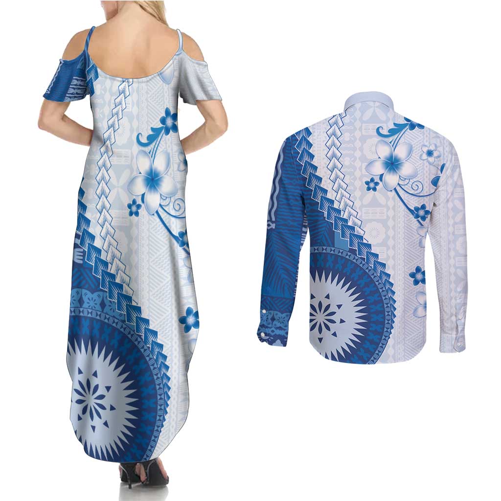 Bula Fiji Couples Matching Summer Maxi Dress and Long Sleeve Button Shirt Blue Plumeria Masi Tapa Pattern - Polynesian Pride