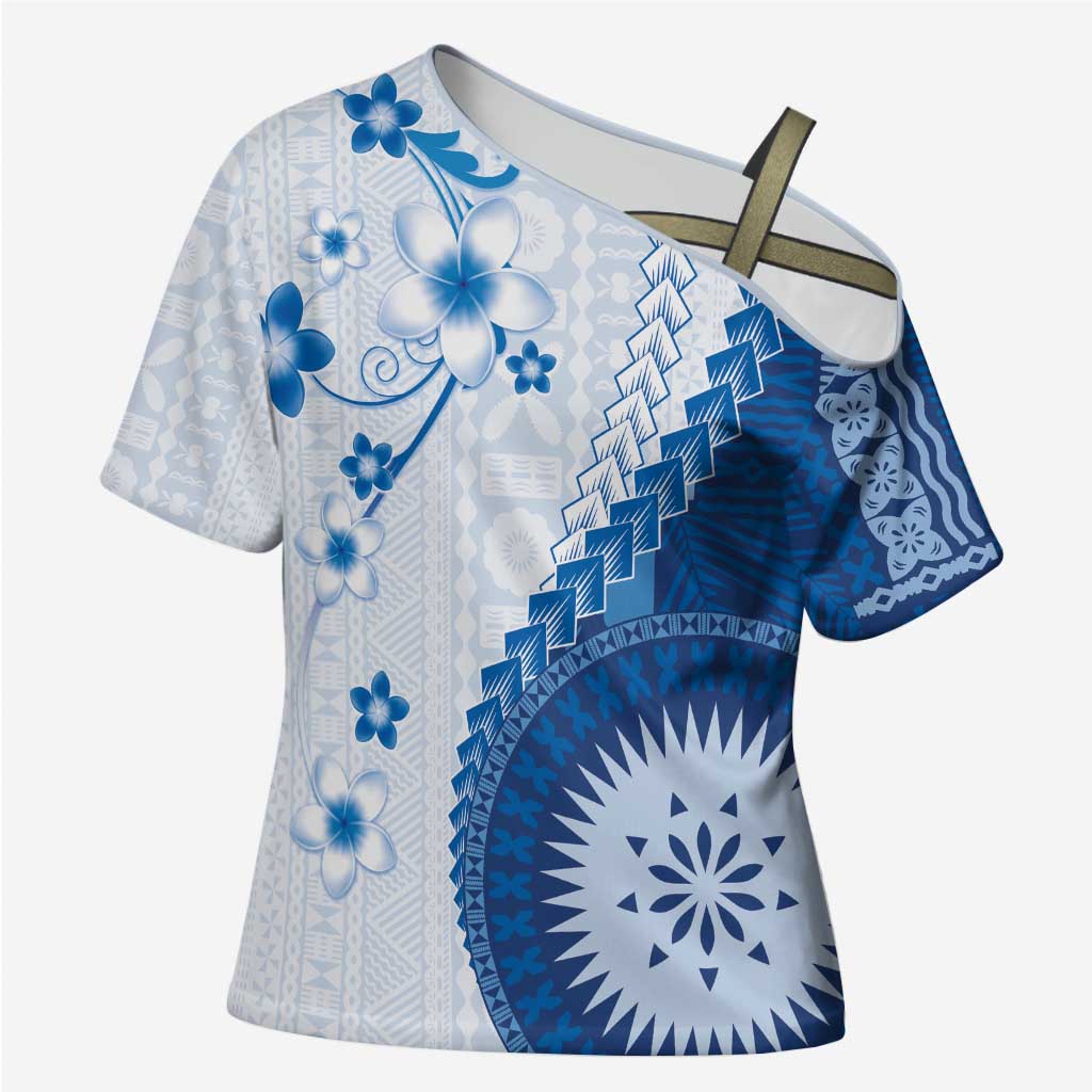 Bula Fiji Cross Shoulder Shirt Blue Plumeria Masi Tapa Pattern - Polynesian Pride