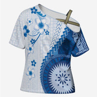 Bula Fiji Cross Shoulder Shirt Blue Plumeria Masi Tapa Pattern - Polynesian Pride