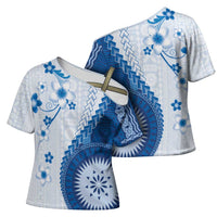 Bula Fiji Cross Shoulder Shirt Blue Plumeria Masi Tapa Pattern - Polynesian Pride