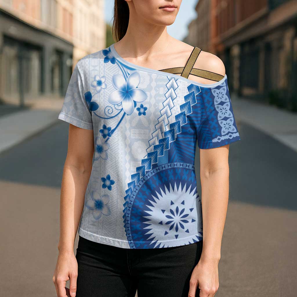 Bula Fiji Cross Shoulder Shirt Blue Plumeria Masi Tapa Pattern - Polynesian Pride