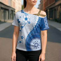 Bula Fiji Cross Shoulder Shirt Blue Plumeria Masi Tapa Pattern - Polynesian Pride