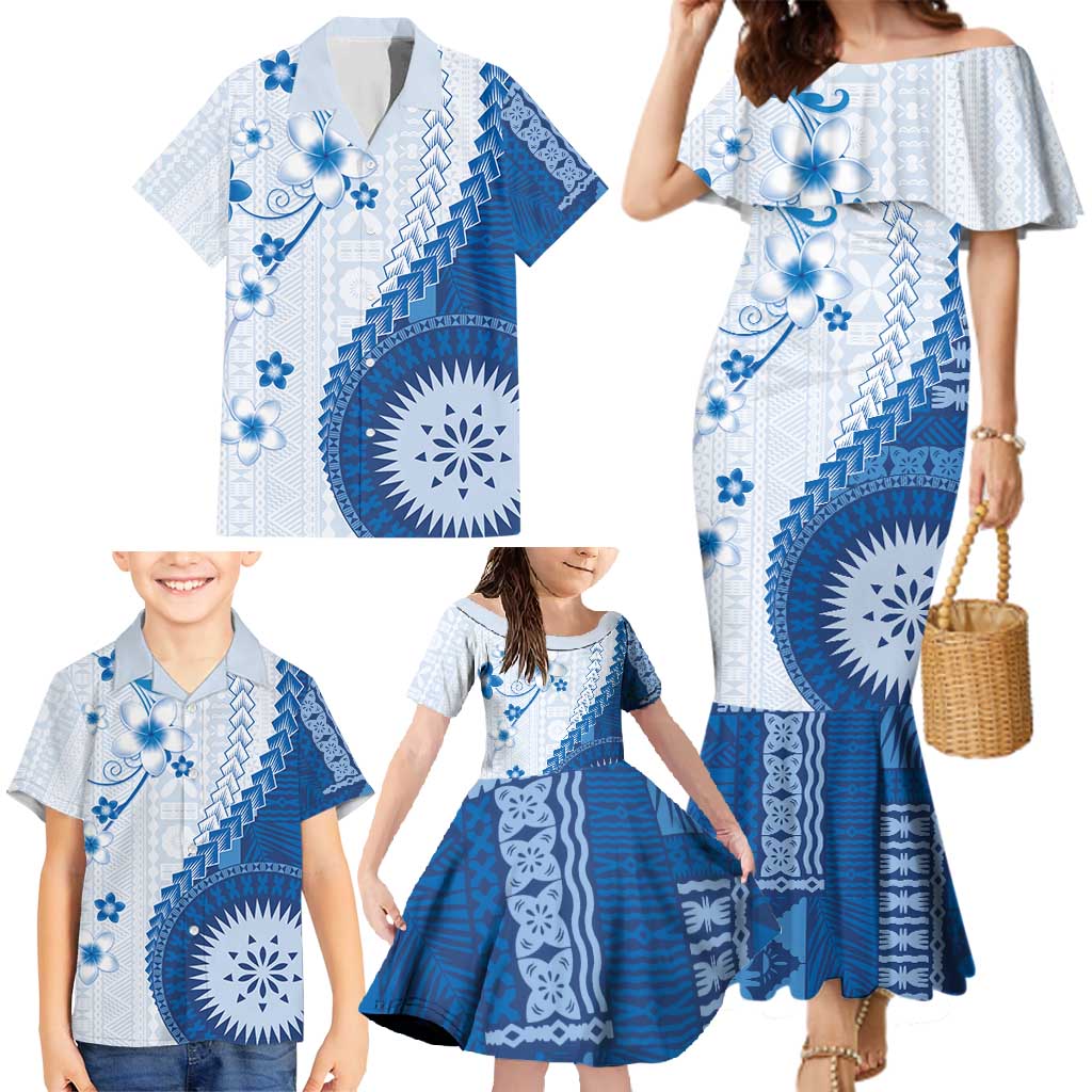 Bula Fiji Family Matching Mermaid Dress and Hawaiian Shirt Blue Plumeria Masi Tapa Pattern - Polynesian Pride