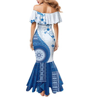 Bula Fiji Family Matching Mermaid Dress and Hawaiian Shirt Blue Plumeria Masi Tapa Pattern - Polynesian Pride
