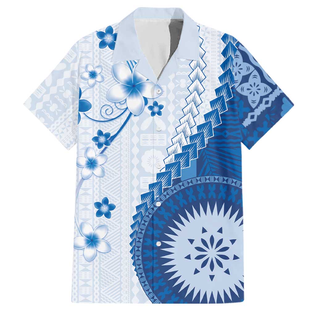 Bula Fiji Family Matching Off The Shoulder Long Sleeve Dress and Hawaiian Shirt Blue Plumeria Masi Tapa Pattern - Polynesian Pride