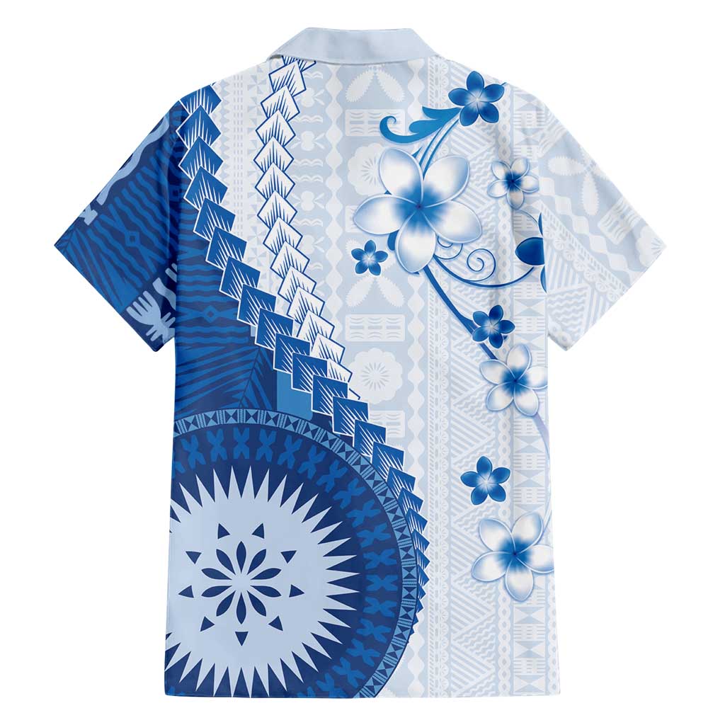 Bula Fiji Family Matching Off The Shoulder Long Sleeve Dress and Hawaiian Shirt Blue Plumeria Masi Tapa Pattern - Polynesian Pride