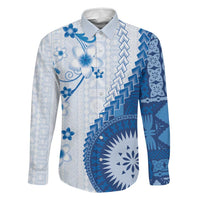 Bula Fiji Family Matching Off The Shoulder Long Sleeve Dress and Hawaiian Shirt Blue Plumeria Masi Tapa Pattern - Polynesian Pride