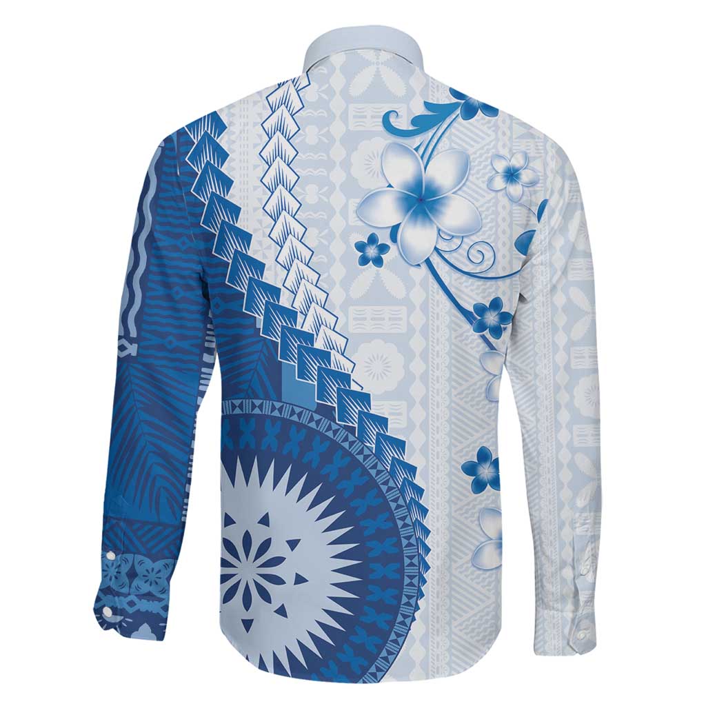 Bula Fiji Family Matching Off The Shoulder Long Sleeve Dress and Hawaiian Shirt Blue Plumeria Masi Tapa Pattern - Polynesian Pride