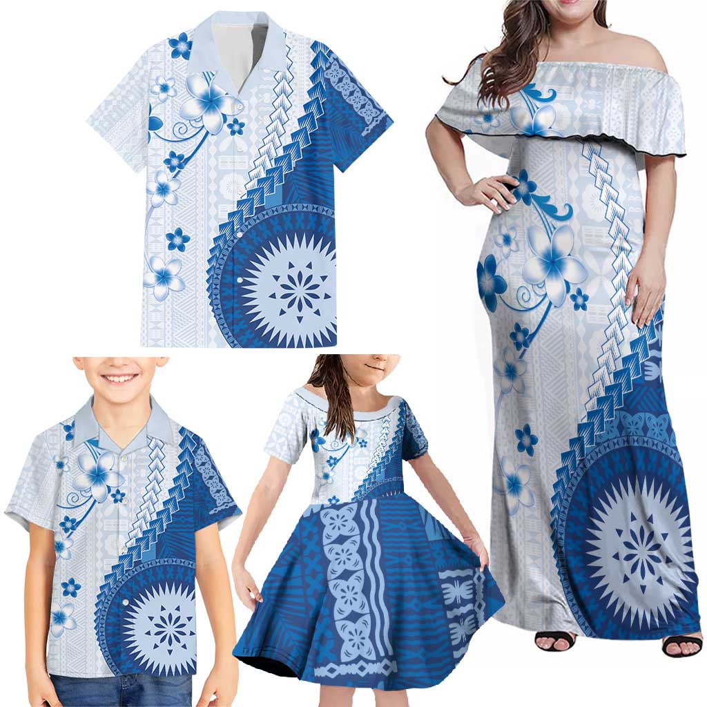 Bula Fiji Family Matching Off Shoulder Maxi Dress and Hawaiian Shirt Blue Plumeria Masi Tapa Pattern - Polynesian Pride