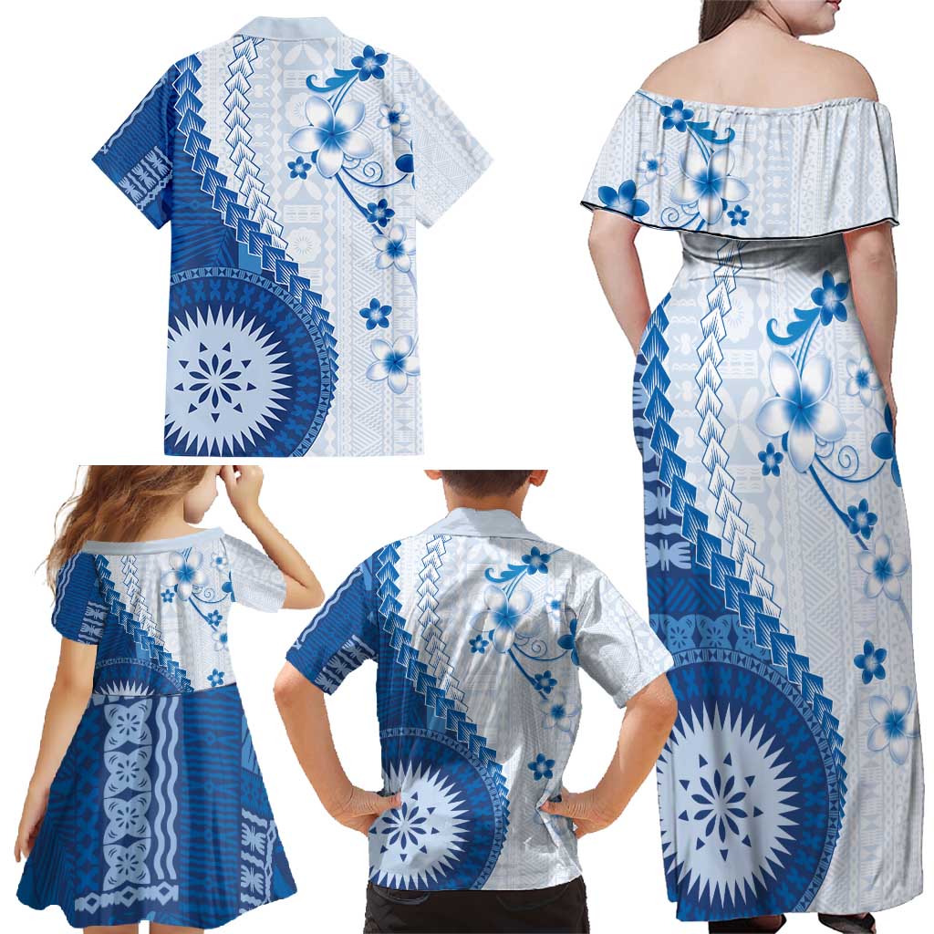 Bula Fiji Family Matching Off Shoulder Maxi Dress and Hawaiian Shirt Blue Plumeria Masi Tapa Pattern - Polynesian Pride
