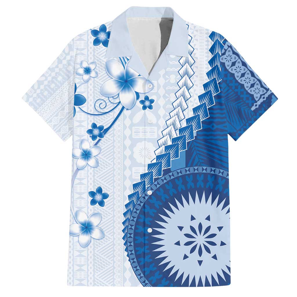 Bula Fiji Family Matching Off Shoulder Maxi Dress and Hawaiian Shirt Blue Plumeria Masi Tapa Pattern - Polynesian Pride