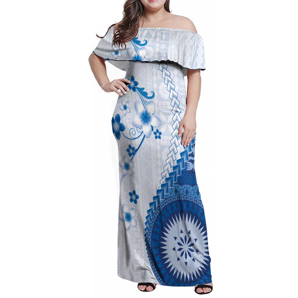 Bula Fiji Family Matching Off Shoulder Maxi Dress and Hawaiian Shirt Blue Plumeria Masi Tapa Pattern - Polynesian Pride