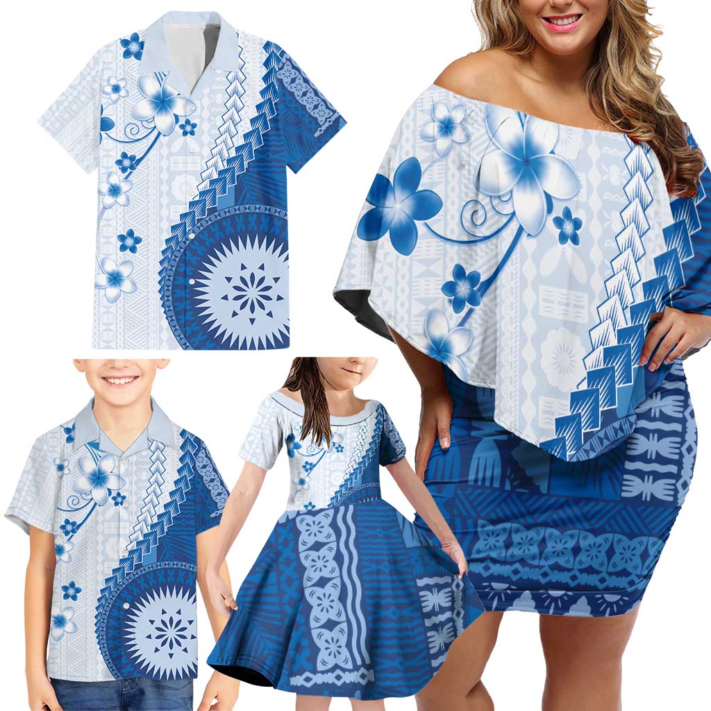 Bula Fiji Family Matching Off Shoulder Short Dress and Hawaiian Shirt Blue Plumeria Masi Tapa Pattern - Polynesian Pride
