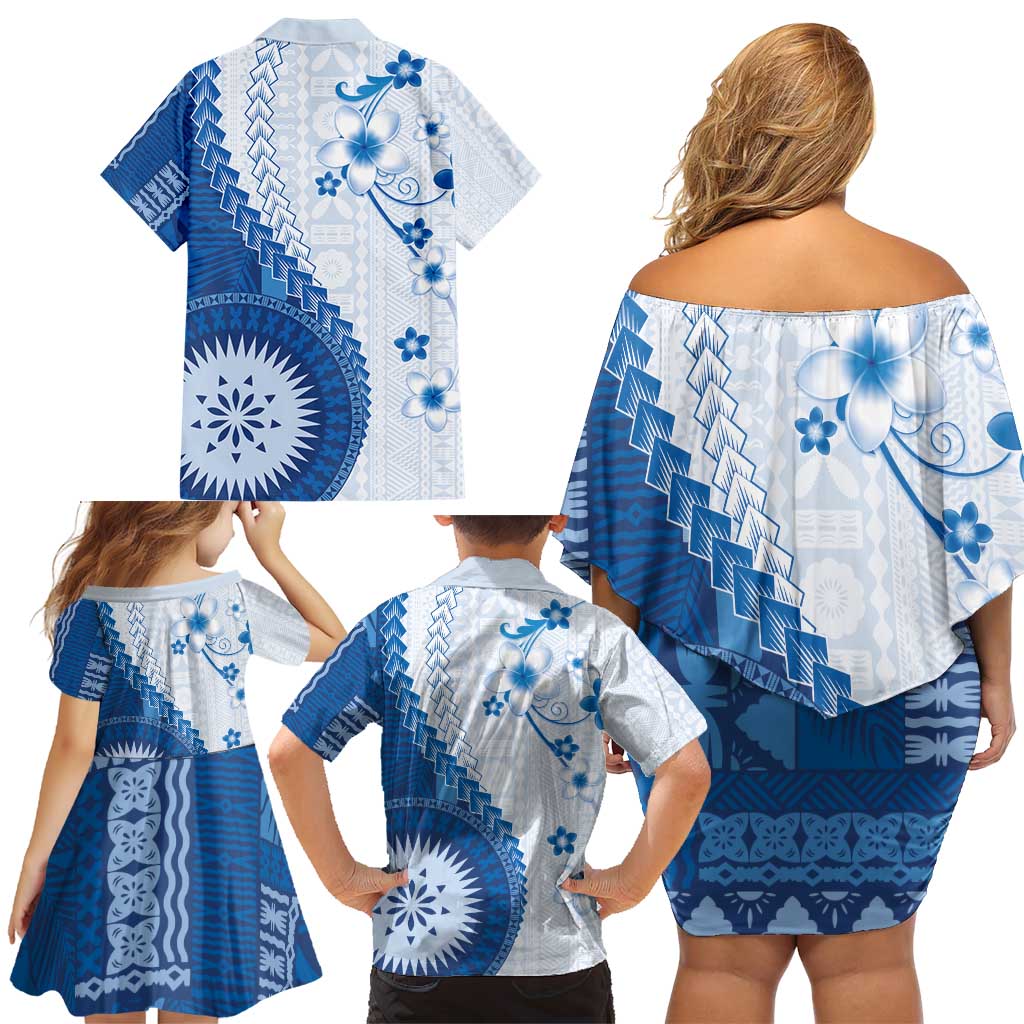 Bula Fiji Family Matching Off Shoulder Short Dress and Hawaiian Shirt Blue Plumeria Masi Tapa Pattern - Polynesian Pride