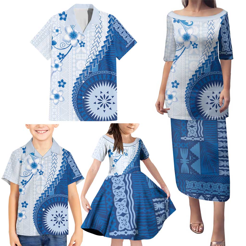 Bula Fiji Family Matching Puletasi and Hawaiian Shirt Blue Plumeria Masi Tapa Pattern - Polynesian Pride