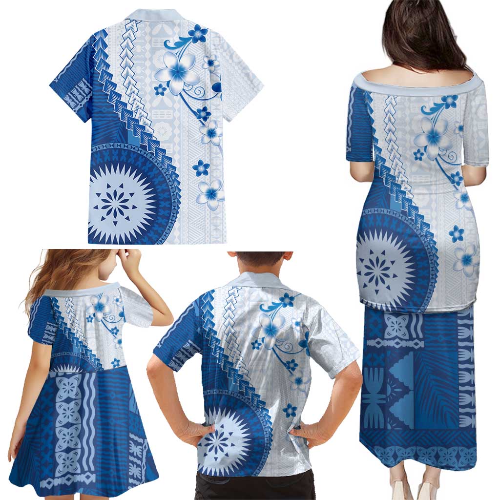 Bula Fiji Family Matching Puletasi and Hawaiian Shirt Blue Plumeria Masi Tapa Pattern - Polynesian Pride