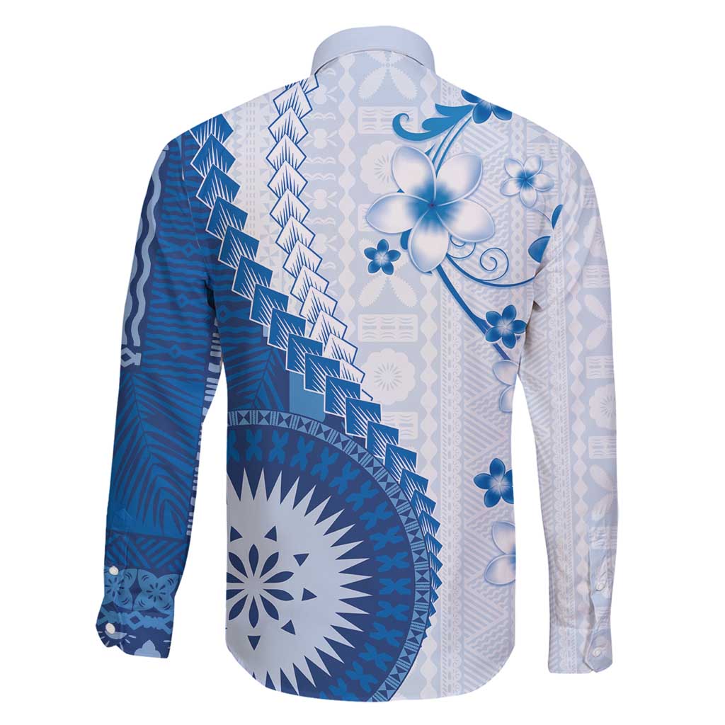 Bula Fiji Family Matching Puletasi and Hawaiian Shirt Blue Plumeria Masi Tapa Pattern - Polynesian Pride