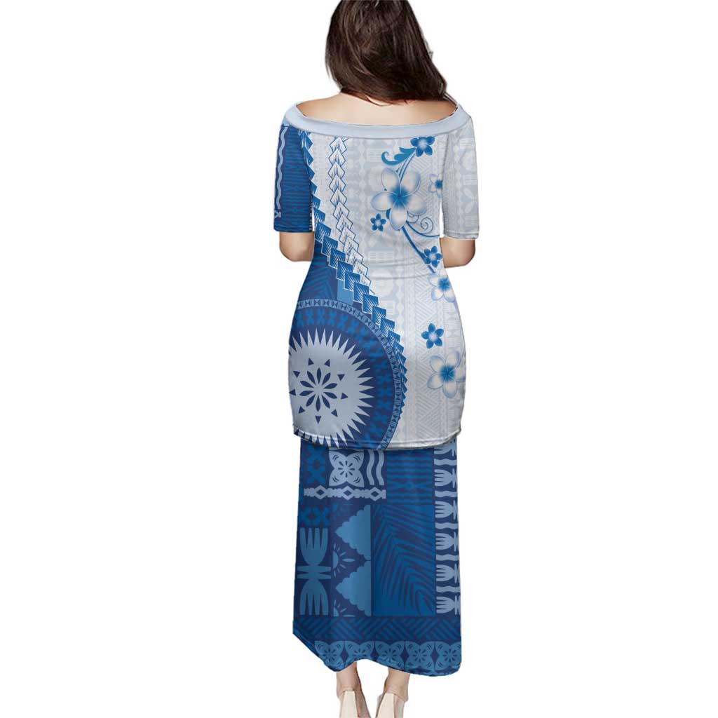 Bula Fiji Family Matching Puletasi and Hawaiian Shirt Blue Plumeria Masi Tapa Pattern - Polynesian Pride