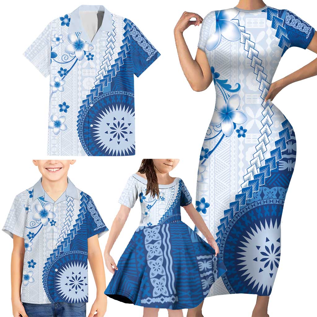 Bula Fiji Family Matching Short Sleeve Bodycon Dress and Hawaiian Shirt Blue Plumeria Masi Tapa Pattern - Polynesian Pride