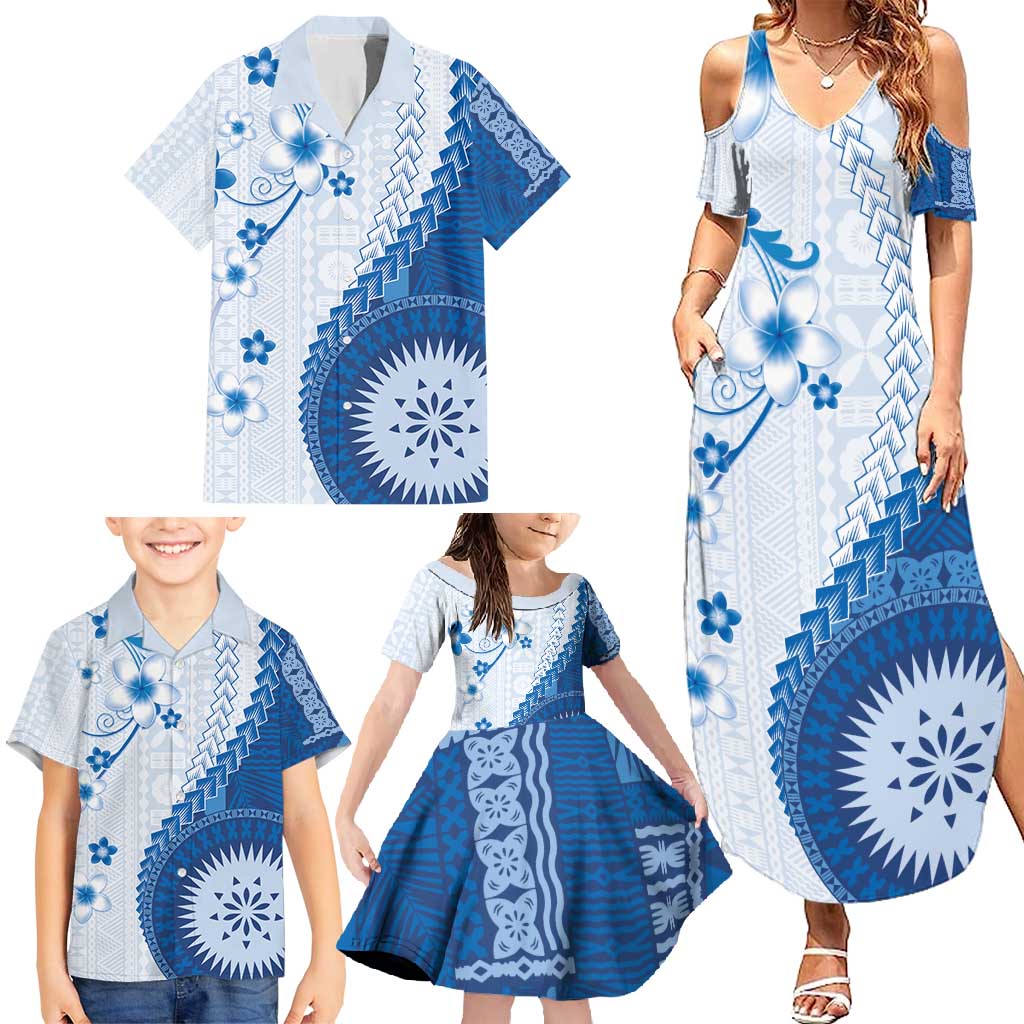 Bula Fiji Family Matching Summer Maxi Dress and Hawaiian Shirt Blue Plumeria Masi Tapa Pattern - Polynesian Pride