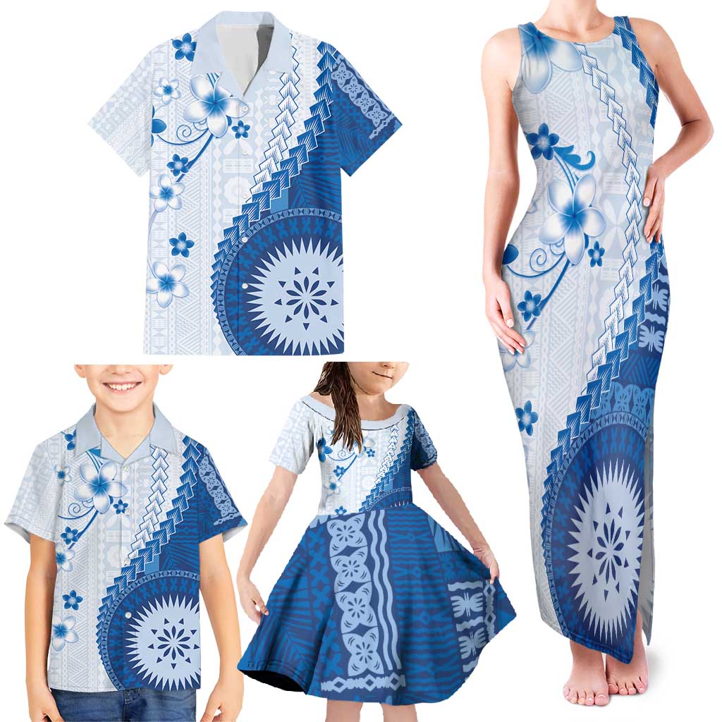 Bula Fiji Family Matching Tank Maxi Dress and Hawaiian Shirt Blue Plumeria Masi Tapa Pattern - Polynesian Pride
