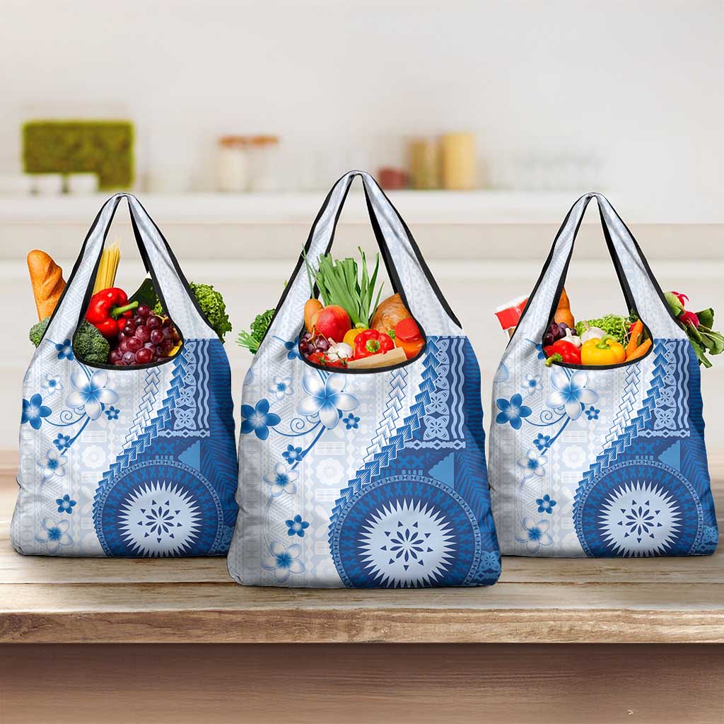 Bula Fiji Grocery Bag Blue Plumeria Masi Tapa Pattern - Polynesian Pride