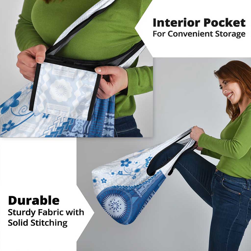 Bula Fiji Grocery Bag Blue Plumeria Masi Tapa Pattern - Polynesian Pride