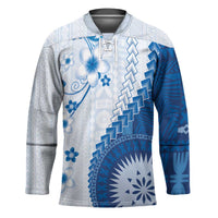 Bula Fiji Hockey Jersey Blue Plumeria Masi Tapa Pattern - Polynesian Pride