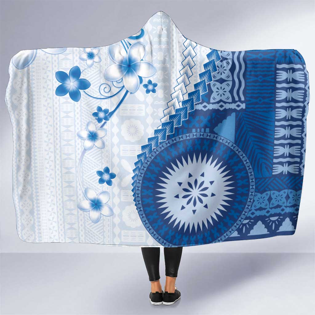 Bula Fiji Hooded Blanket Blue Plumeria Masi Tapa Pattern - Polynesian Pride
