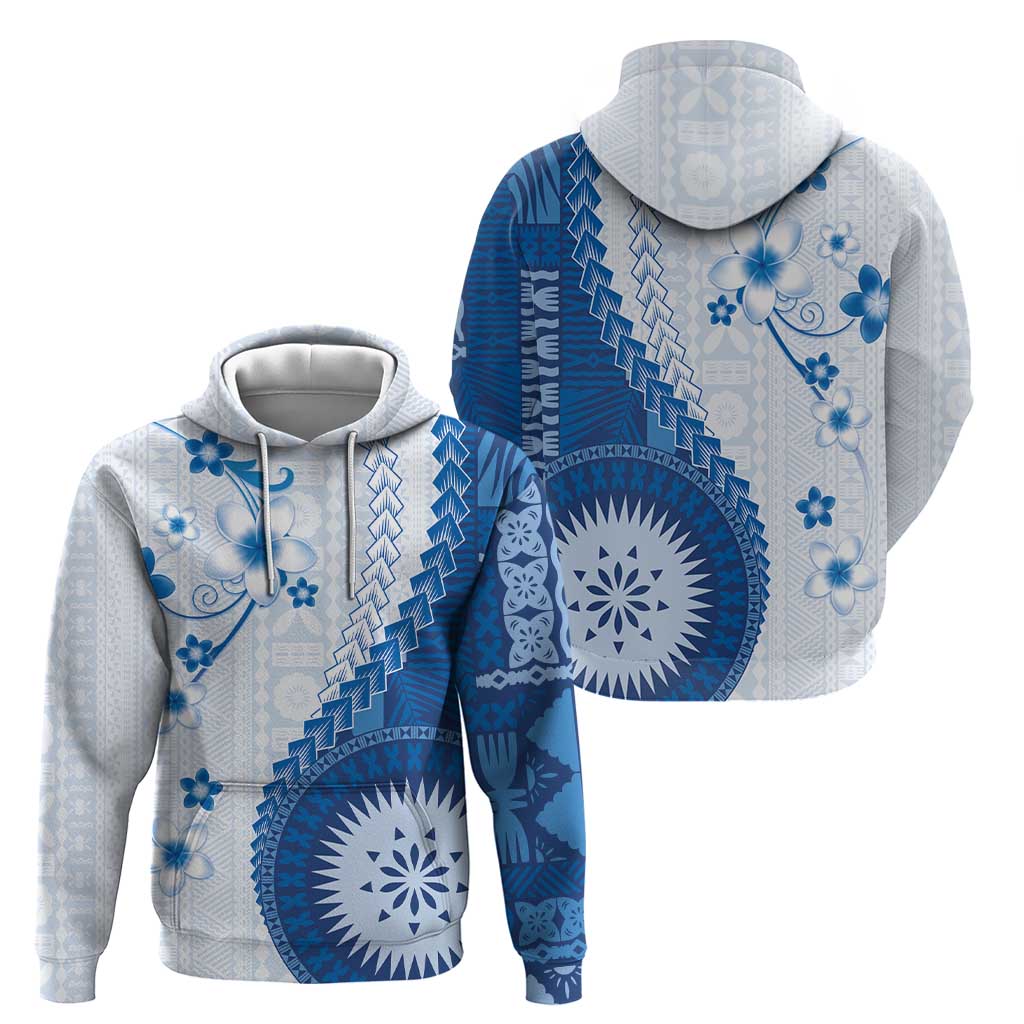 Bula Fiji Hoodie Blue Plumeria Masi Tapa Pattern - Polynesian Pride