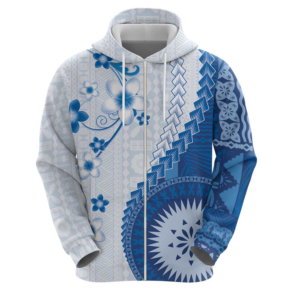 Bula Fiji Hoodie Blue Plumeria Masi Tapa Pattern - Polynesian Pride