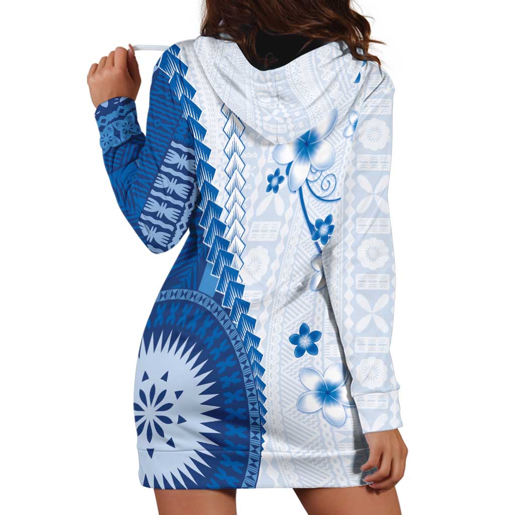 Bula Fiji Hoodie Dress Blue Plumeria Masi Tapa Pattern - Polynesian Pride