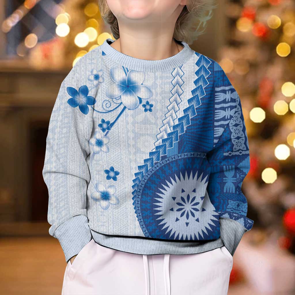 Bula Fiji Kid Ugly Christmas Sweater Blue Plumeria Masi Tapa Pattern - Polynesian Pride