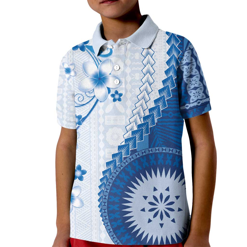 Bula Fiji Kid Polo Shirt Blue Plumeria Masi Tapa Pattern - Polynesian Pride