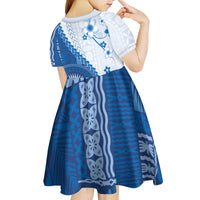 Bula Fiji Kid Short Sleeve Dress Blue Plumeria Masi Tapa Pattern - Polynesian Pride