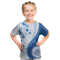 Bula Fiji Kid T Shirt Blue Plumeria Masi Tapa Pattern - Polynesian Pride